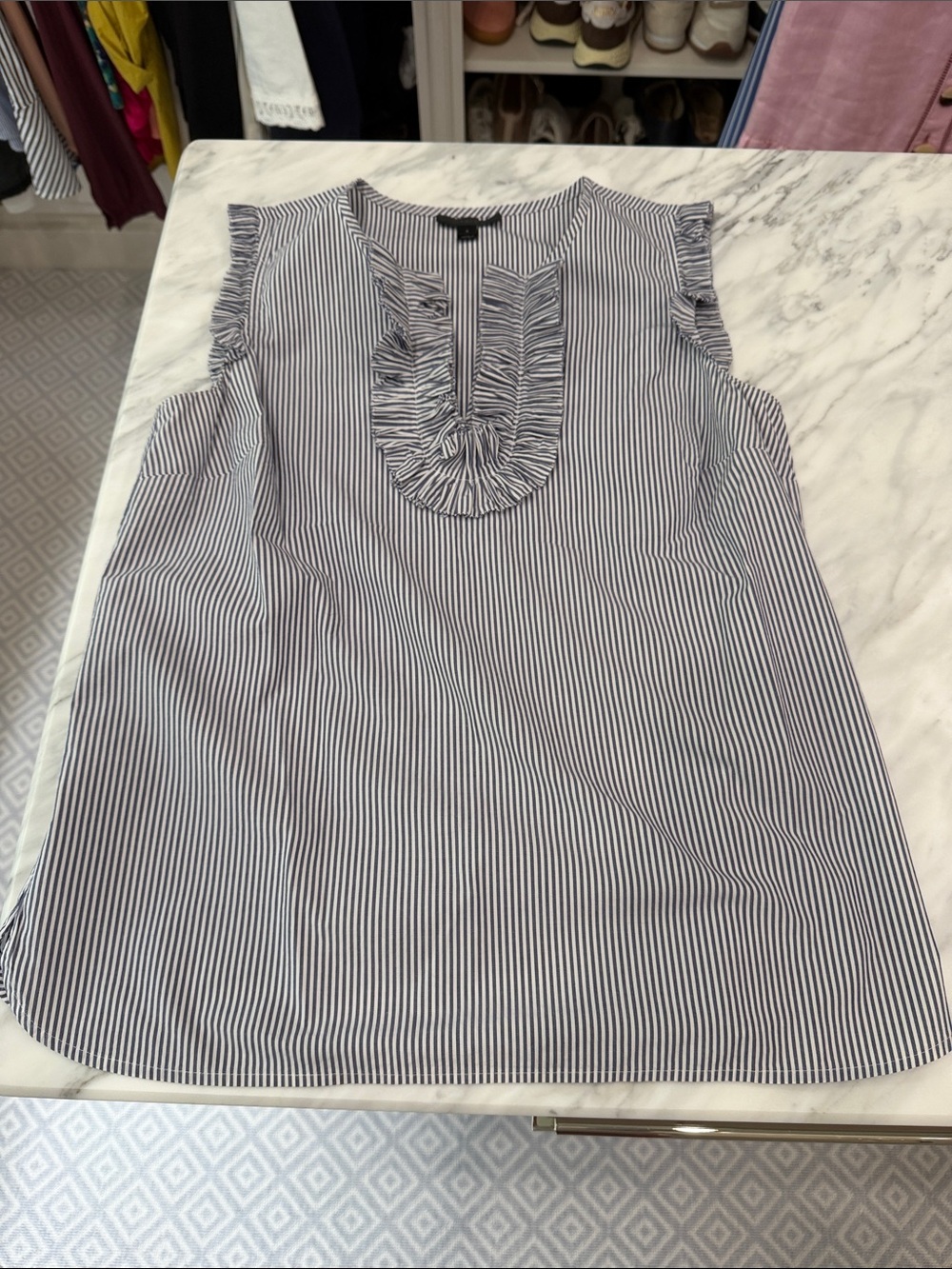 J. Crew Navy and White Striped Ruffle-Front Sleeveless Top